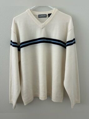 Vintage 90s Y2K Outlooks Sweater Size L Cream Blue Stripe Preppy Grunge V-Neck